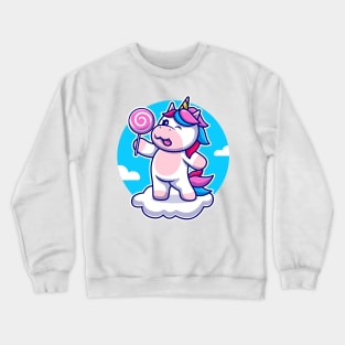 Cute unicorn holding candy & standing on cloud Crewneck Sweatshirt